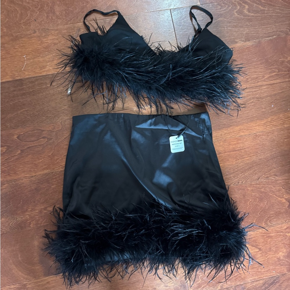 Fashion Nova Black Feather Trim Mini Skirt Set